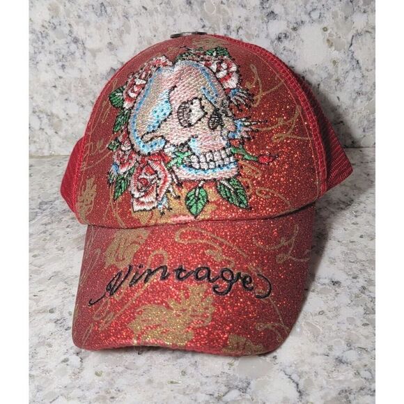 Vintage Snapback Misfits Roses Men's‎ Trucker Hat Red Sparkle Bling Cap - Picture 1 of 6